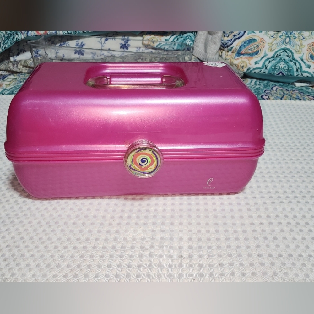 VINTAGE CABOODLES EUC ON THE GO GIRL HOT PINK MAKEUP STORAGE BIN CASE